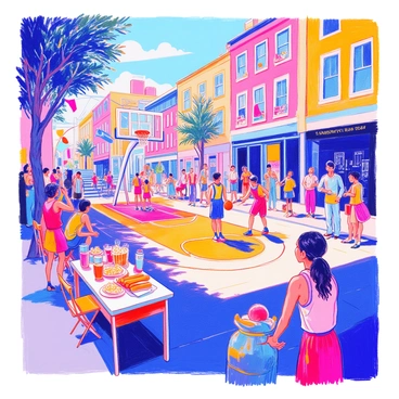 A community street basketball tournament is taking place on a vibrant city street. In the foreground, a basketball hoop is set up, with players in colorful jerseys competing energetically on the court. Spectators are gathered around, some sitting on folding chairs and others standing, all focused on the game. Tables filled with various food items, including hot dogs, popcorn, and drinks are positioned nearby. Some spectators are holding cups and plates, while others are chatting animatedly. Colorful banners are hanging along the street, adding to the festive atmosphere. Sunlight casts warm shadows on the pavement, enhancing the lively scene.