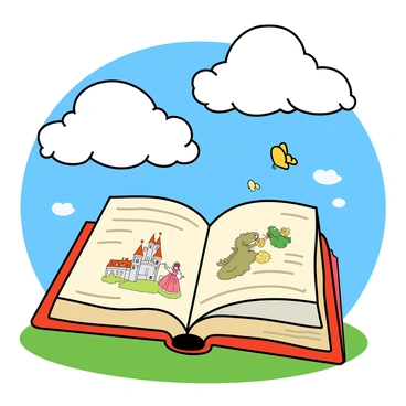 A fairy tale book with clouds forming the stories above its open pages