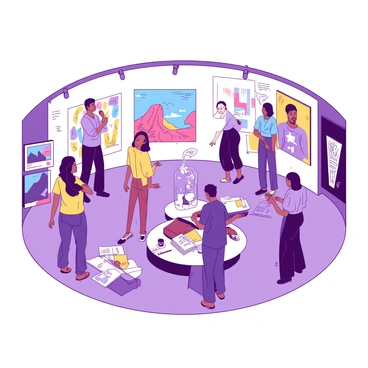 A circular gallery is filled with various artists showcasing their work for critique and feedback. The walls of the gallery are lined with colorful paintings and sculptures illuminated by soft overhead lights. Artists of different backgrounds are engaged in discussions with observers, pointing at their pieces and listening intently to feedback. Some artists are standing beside their large canvases, while others are positioned near intricate sculptures on pedestals. In the center of the gallery, there is a round table where a few people are reviewing portfolios and sketches. The atmosphere is vibrant with the exchange of ideas and visual creativity.