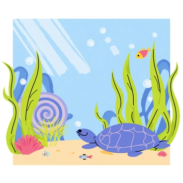 An underwater world featuring a vibrant blue background filled with bubbles. Giant, flowing green sea plants sway gently with the water currents. Ancient sea creatures, such as a large, majestic ammonite with intricate shell patterns and a colorful, spiky sea urchin, are scattered throughout the scene. A school of small, shimmering fish swims near the plants, while a large, friendly-looking sea turtle glides gracefully in the foreground. Sunlight filters down from above, creating a dappled lighting effect on the sandy ocean floor.