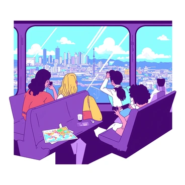 A group of tourists is peering out at a sprawling cityscape through the large glass windows of a bus. The bus interior is filled with comfortable seats, and colorful maps are scattered on some of the seats. The tourists are capturing the view with their cameras and pointing out landmarks to one another. Outside, a vibrant skyline is visible, featuring tall buildings and bustling streets below. The sunlight streams through the glass, casting reflections and creating a lively atmosphere inside the bus.
