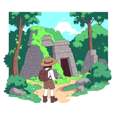 An explorer with a brown hat and hiking gear is standing in front of ancient stone ruins that are partially collapsed and covered in green vines. The ruins have intricate carvings that are partially obscured by the lush greenery surrounding them. Tall trees and dense foliage create a vibrant backdrop, with rays of sunlight filtering through the leaves and casting dappled shadows on the ground. The explorer is examining the ruins, with a look of wonder and curiosity on their face. Small colorful flowers are scattered on the forest floor, adding to the vividness of the scene.