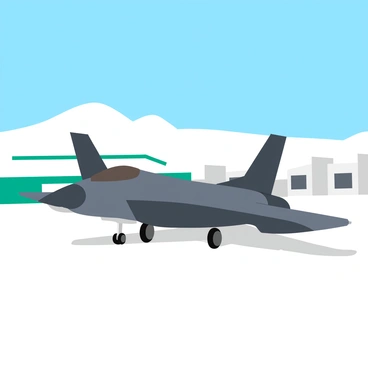 An F35 jet with sleek, angular lines is parked on a snowy airbase. The jet is painted in gray camouflage, blending with the winter surroundings. Snowflakes are gently falling around it, covering the ground and the aircraft's wings with a light dusting of white. In the background, there are several snow-covered hangars and a few distant mountain peaks, all under a clear blue sky. The scene captures the contrast between the modern jet and the natural winter landscape.