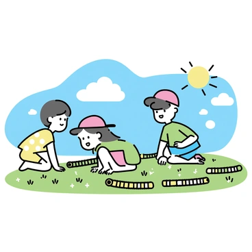 A group of children, consisting of two boys and one girl, are gathered in a grassy field under a clear blue sky. Each child is crouching down, focusing intently on their colorful caterpillar competitors. The caterpillars are vibrant, showcasing shades of green, yellow, and orange. The children are wearing bright summer clothing; one boy is in a red cap and blue t-shirt, the other boy is wearing a green shirt and shorts, and the girl has on a yellow dress with white polka dots. The sun is shining brightly, casting soft shadows on the ground, and there are patches of dandelions scattered throughout the field.