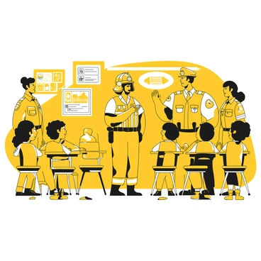 A group of first responders, including a firefighter, a police officer, and an emergency medical technician, is standing in a classroom filled with children. The firefighter, wearing a yellow helmet and uniform, is demonstrating how to use a fire extinguisher. The police officer, in a yellow uniform, is talking to the children about safety rules, holding a badge in his hand. The emergency medical technician, dressed in a yellow uniform, is showing the children a first aid kit. The classroom is decorated with colorful safety posters on the walls, and the children are sitting attentively at their desks, some raising their hands to ask questions.