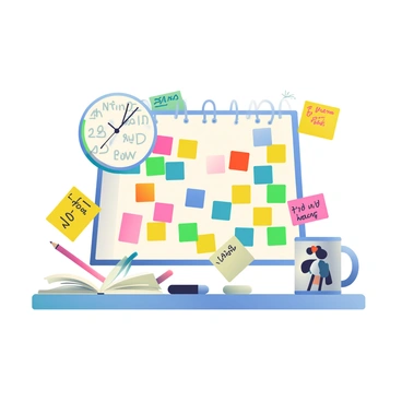 A cluttered desk is filled with various items. In the center, there is a large calendar with colorful dates marked. Next to it, a round clock displays the time with bold numbers. Scattered around the desk are numerous sticky notes in bright colors, some with handwritten reminders. A few pens and pencils are lying haphazardly, and an open notebook with scribbled notes is pushed to one side. The desk surface shows signs of use, with small slices of paper and a coffee mug featuring a simple design.