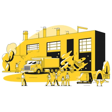 A truck is barreling towards loading bays at a large factory, with its headlights shining brightly. The truck has a flatbed filled with crates and is in the midst of an impact with one of the bays, causing debris to scatter. Nearby, several workers in safety vests are looking on in surprise, some with their hands on their heads and others pointing at the scene. The factory building is large and industrial, with large windows and smokestacks visible in the background. Several parked vehicles and equipment are scattered around the loading area, contributing to the chaotic environment.