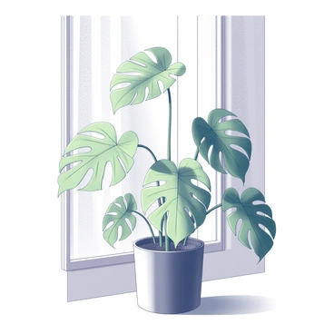 A large monstera plant with distinct split leaves is placed near a window. The leaves are lush and green, showing their characteristic perforations. Soft sunlight streams in through the window, casting shadows of the leaves on the floor. The window frame is visible, surrounded by light drapes that gently sway. The overall atmosphere suggests a bright and lively indoor environment.