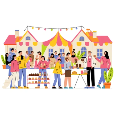 A small village square filled with colorful tents and vibrant decorations for a coffee culture festival. People are gathered around, enjoying steaming cups of coffee, with some holding coffee mugs that display various coffee beans. Tables are set up displaying an array of pastries and coffee-making equipment. A barista is seen demonstrating latte art to an enthusiastic crowd. Strings of lights hang overhead, illuminating the joyful atmosphere. In the background, charming village buildings create a picturesque setting for the festivities.