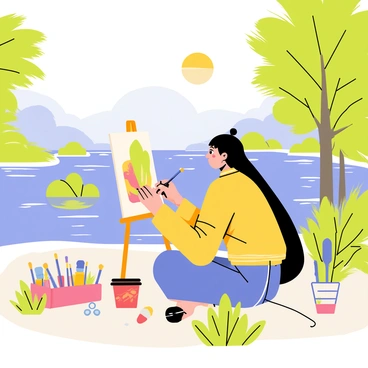 Nami painting by a tranquil river, her illustrated box resting beside her with brushes and colors.
