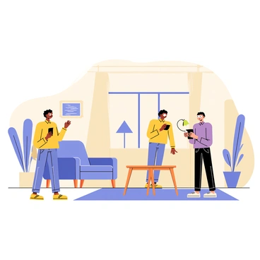 A modern living room setting featuring several shoppers wearing sleek augmented reality glasses. Each shopper is interacting with different pieces of furniture digitally overlayed in the space. One shopper stands in front of a virtual blue sofa, examining it closely. Another is seated on a virtual wooden coffee table, while a third is adjusting a digital lamp positioned beside a window. The scene includes a warm background with soft lighting, a potted plant, and a rug on the floor, enhancing the home-like atmosphere.