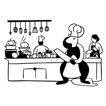A cartoon kangaroo wearing a chef's hat stands at a kitchen counter, carefully chopping vegetables with a large knife. Behind the kangaroo, there are pots simmering on the stove and various kitchen utensils hanging from the wall. An array of colorful ingredients is spread out on the counter, including peppers, onions, and herbs. In the background, chefs bustle about, and steam rises from the cooking pots, creating a sense of activity in the busy kitchen. The kangaroo is focused on the task, showcasing an apron covering its body.
