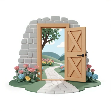 An open wooden door with a rustic finish, standing ajar against a stone wall. Beyond the door is a vibrant garden, filled with an array of colorful flowers in bloom, including red roses, yellow daisies, and blue hydrangeas. Lush green grass surrounds the flowers, and a winding path made of cobblestones leads deeper into the garden. Bright sunlight filters through the branches of a nearby tree, casting playful shadows on the ground. A gentle breeze moves the leaves, suggesting a serene atmosphere inviting exploration and new beginnings.