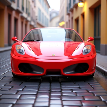 A red Ferrari parked on a cobblestone street. The car's smooth curves and sleek design reflect the surrounding environment. Raindrops glisten on the surface of the Ferrari, creating a shimmering effect. The street is lined with quaint buildings, and puddles of water are scattered on the ground. Soft shadows are cast by the streetlights illuminating the scene.