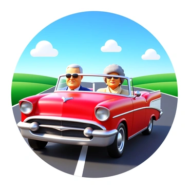 A classic car in a vibrant red color, showcasing sleek lines and polished chrome details. Inside the car, an older couple is seated; the man has silver hair and is wearing sunglasses, while the woman has short, curly hair and a light scarf around her neck. The road stretches into the horizon, flanked by green fields and a clear blue sky, with a few fluffy clouds overhead. The sun is shining brightly, casting reflections off the car's surface.