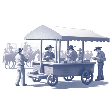 A traditional chuckwagon is parked at a busy rodeo gathering. The wagon is made of weathered wood and features large, round wheels. A large tarp stretches over the top, providing shade for the cooking area. The front of the wagon has an open counter where food is being served. The scene is bustling with people, dressed in cowboy attire, eagerly waiting in line. Some are holding plates, while others are interacting with the cook, who is busy preparing hearty meals. The background includes cheering crowds and rodeo events in progress, showcasing a lively atmosphere.