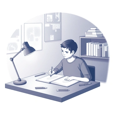 A young artist sitting at a wooden table. The artist is focused on sketching, with a pencil in one hand and a sketchbook open in front. Various art supplies, including erasers and pens, are scattered around the table. The artist’s expression shows concentration and determination as they prepare their artwork for the "V&A Illustration Awards." A lamp is positioned nearby, providing light over the sketchbook. The room has a creative atmosphere, with sketches pinned to the walls and art books stacked on a shelf in the background.