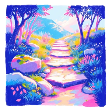 A narrow path winds through a lush, green landscape. The path is lined with ancient stones that have been worn smooth over centuries, showcasing their weathered textures and unique shapes. Small patches of moss grow between the stones, adding a touch of vibrant green. Sunlight filters through the leaves of nearby trees, casting dappled shadows on the ground. The atmosphere is tranquil, inviting exploration down the pathway.