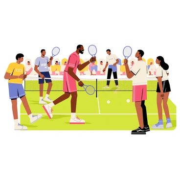 LeBron James in a bright red athletic outfit is engaged in a casual game of tennis on a sunny day. He stands on a green tennis court, holding a racket with a focused expression that showcases his competitive spirit. His friends, dressed in various colorful sportswear, are positioned around him, ready to return the ball. There are tennis balls scattered on the court and a net in the center, with the audience in the background enjoying the game. The scene captures a lively atmosphere, emphasizing camaraderie and competition among friends.