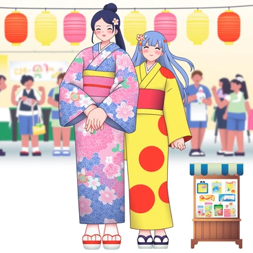 Kaede is wearing a vibrant floral kimono with shades of pink and blue, adorned with intricate patterns. Her hair is styled in an elegant updo, decorated with a delicate hairpin featuring small cherry blossoms. Beside her, Suzu is dressed in a bright yellow yukata with bold red designs, her long hair flowing freely and accented with a simple ribbon. They are standing together in front of a row of colorful lanterns of various sizes, glowing warmly against the evening sky. The scene is bustling with festival-goers in the background, some holding traditional fans and others enjoying snacks from nearby stalls. In the foreground, a small wooden booth displays various festival games, adding to the lively atmosphere.