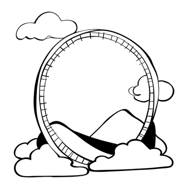 A roller coaster track suspended in mid-air, forming a perfect parabolic shape. The track is sleek and metallic, with sharp curves and dips. Below the track, there are clouds, adding to the sense of height and excitement. In the background, there are silhouettes of distant hills creating a contrast with the track. The entire scene is depicted in black and white, emphasizing the intricate details of the track and its elegant curves.