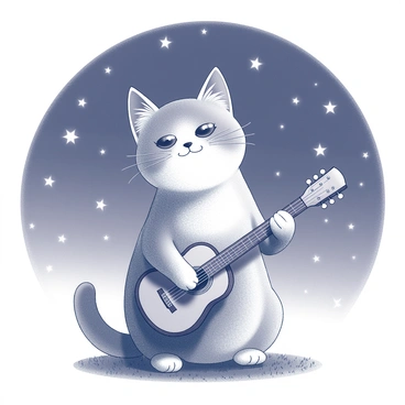 A cat sitting on its hind legs, with its paws positioned over a small guitar, strumming the strings. The cat has a playful expression, with ears perked up and eyes bright. Surrounding the cat is a starry night sky, featuring numerous twinkling stars scattered across the expanse. The setting is peaceful, with a subtle hint of grass visible beneath the cat.