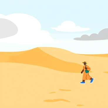 A lone traveler dressed in a light-colored tunic and wide-brimmed hat walks through a vast desert landscape. The sand dunes rise and fall dramatically, with gentle ripples creating a textured surface. The traveler carries a small backpack and walks with a purposeful stride. Above, a cloudy sky looms, filled with large, fluffy clouds of varying shades of gray. The light from the sun filters through, casting soft shadows on the ground. The scene conveys a sense of solitude and adventure in the expansive desert.