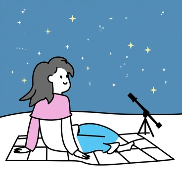 A young woman named Hermine is lying on a checkered blanket spread out on a grassy field. She has long, wavy hair and is dressed in a cozy sweater and jeans. Her gaze is directed upwards, admiring the night sky filled with twinkling stars. Beside her, there is a small telescope, positioned and ready for stargazing. The scene captures a peaceful moment under the vast, starry expanse, with a few scattered clouds in the sky.