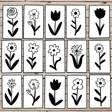 An array of vintage flower posters displayed on a wooden wall. Each poster features a different species of flower, such as a rose, tulip, daisy, and orchid. The posters are arranged in a grid pattern, with some slightly overlapping. Each poster has intricate details depicting the flowers with stems and leaves. The background of the wall has a rustic texture, enhancing the vintage feel of the posters.