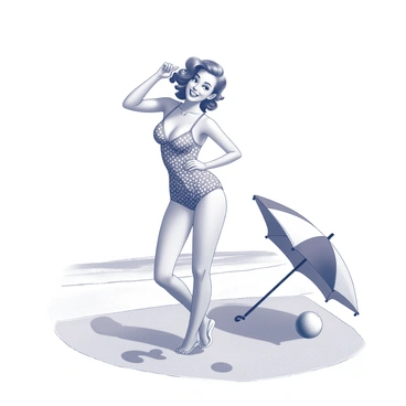 A vintage pin-up girl is striking a playful pose on a sandy beach. She has a wide smile, with her hair styled in soft waves that cascade down her shoulders. She is wearing a classic polka dot swimsuit, accentuating her figure. One hand is on her hip while the other is playfully tossing her hair back. The beach has soft, textured sand, and there are gentle waves in the background, adding to the lively atmosphere. A single beach umbrella is nearby, providing a slight shade, and a beach ball rests in the sand next to her.