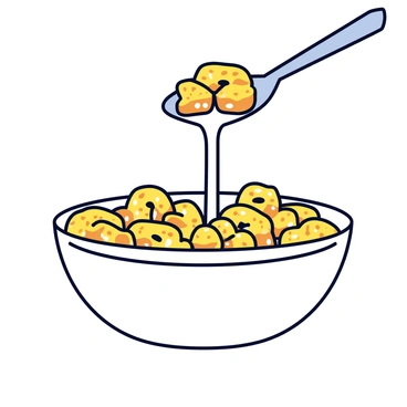 A close-up image of a silver spoon holding a spoonful of crunchy cereal. The cereal pieces are golden brown and varied in shapes, showcasing a textured surface. Milk is cascading off the spoon, with droplets glistening in the light as they fall back into a white bowl filled with more cereal. The bowl has a smooth, glossy finish and is slightly tilted, emphasizing the pouring action of the milk. The background is softly blurred to keep the focus on the spoon and cereal.