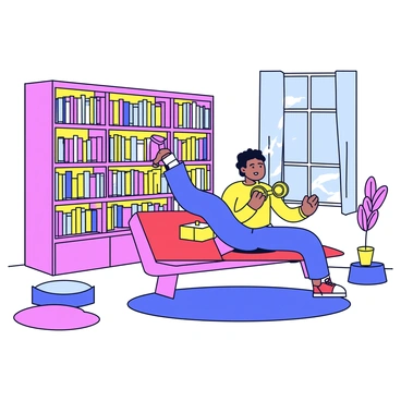 A person performing a dumbbell chest press on a red exercise bench. The individual has an athletic build and is focused on lifting two dumbbells above their chest. The cozy library is filled with tall shelves, each brimming with assorted colorful books. Soft, warm lighting illuminates the room, casting gentle shadows. A plush rug lies on the wooden floor, providing comfort underfoot. A large window lets in natural light, and a few scattered cushions rest nearby, adding to the inviting atmosphere.