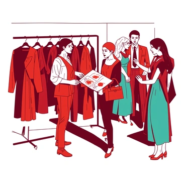 A red designer is discussing the upcoming show with a group of models in the backstage area. The designer is holding a white notepad with sketches of various outfits. Around them, there are vibrant outfits in red and teal hanging from a clothing rack, showcasing different styles and fabrics. Models are wearing unique and colorful accessories, and one model is adjusting her teal dress while another is applying makeup in front of a mirror. The atmosphere is bustling with energy as stylists move about, preparing for the show.