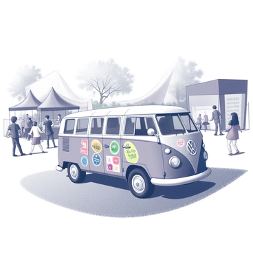 A VW bus is parked at a lively music festival. The bus is adorned with various festival stickers, showcasing colorful designs and logos. Surrounding the bus, people are enjoying the atmosphere, dancing and socializing. Tents and booths are visible in the background, contributing to the festive environment. The ground is covered with grass, and a stage can be seen in the distance, where musicians are performing. A few trees provide shade around the area, adding to the outdoor feel of the festival.