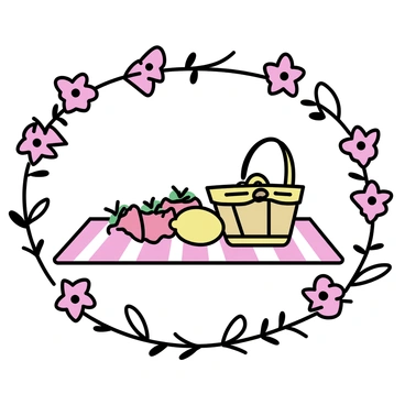 A fresh frame of assorted flowers in vibrant colors, such as pink and yellow, is surrounding a collection of fruits. Among the fruits are ripe red strawberries and bright yellow lemons, arranged in an appealing manner. In the center, a checkered picnic blanket is spread out, with a wicker basket partially open, revealing more fruits and snacks. The setting suggests a sunny day, ideal for enjoying a picnic outdoors.