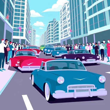 A motorcade of classic cars is driving down a bustling city's main street. The cars are polished and gleaming under the bright sunlight, showcasing vibrant colors such as deep red, royal blue, and sleek black. Each car has distinctive features, such as chrome bumpers and vintage tail fins, highlighting their classic design. The scene is filled with onlookers lining the sidewalks, some taking pictures with their smartphones, while others cheer and wave. Tall buildings with large windows line the street, reflecting the lively atmosphere of the parade. Banners and flags adorn the street, adding to the festive vibe of the event.