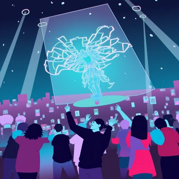 A vibrant concert scene set in an open-air venue, featuring a large crowd of people with diverse appearances and clothing styles, all captivated by a holographic performer on stage. The hologram is a futuristic figure, radiating colorful lights and intricate designs that shift and change as the performance progresses. The night sky above is filled with stars, and soft beams of light from the stage illuminate the enthusiastic faces of the audience. Some audience members are cheering, while others hold up their phones to capture the moment. The atmosphere is electric with excitement and energy.