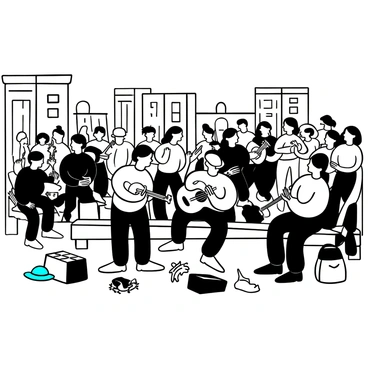 A group of street musicians with various instruments, including a guitar, a violin, and a drum, are performing on a crowded sidewalk. The musicians are focused on their performance, with one person playing a guitar while another plays a violin. There is a drummer keeping the rhythm with a small drum set. Surrounding them is an audience of diverse individuals, some standing and others sitting on nearby benches. Various people are engaged with the performance, some clapping and others swaying to the music. A few colorful hats and bags are scattered on the ground near the musicians, and a cityscape with buildings is visible in the background.