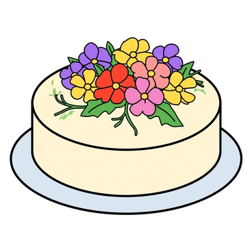 A round gateau with a smooth, creamy frosting that is primarily white. The top of the gateau is beautifully adorned with a vibrant mix of colorful wildflowers in shades of purple, yellow, and red. Surrounding the flowers, there are delicate green leaves and small sprigs of greenery that add a fresh touch. The gateau sits on a simple white plate, and the background features soft, blurred pastel colors that enhance the cheerful appearance of the cake.