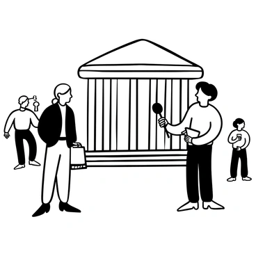 A field reporter holding a microphone stands next to a local official in front of a large government building. The reporter is wearing a professional outfit and has a notepad in hand, while the official is dressed in a suit, gesturing with one hand as they speak. There are several tall columns of the building visible in the background, along with a set of stairs leading up to the entrance. A camera crew can be seen in the distance, capturing the interview, and a few pedestrians are passing by, seemingly intrigued by the scene.