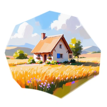 A quaint countryside home with a thatched roof and whitewashed walls sits nestled among vibrant green fields. The house features a small front porch adorned with hanging flower baskets filled with colorful blooms. Surrounding the home are fields of golden wheat swaying gently in the breeze, punctuated by patches of wildflowers in shades of purple, yellow, and red. In the background, rolling hills can be seen, adding depth to the serene landscape. The sky overhead is clear with a few fluffy white clouds lazily drifting by.