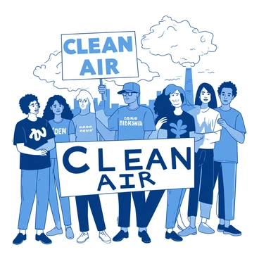 A group of environmental activists stands together, each holding a sign that reads "Clean Air" in bold letters. The activists are diverse in appearance, with individuals of different ages and ethnicities. Their expressions reflect determination and passion for their cause. Behind them, there is a smoky backdrop that illustrates pollution, with a hazy sky and indistinct industrial structures. The activists are dressed in a mix of casual clothing, some wearing t-shirts with environmental slogans.