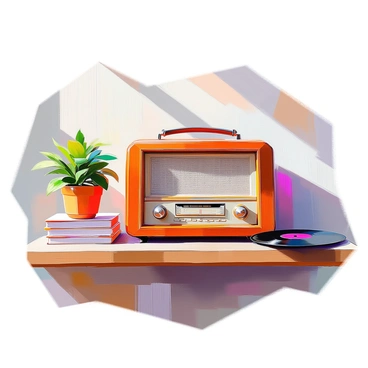 An old radio set with a vintage design sits prominently on a wooden shelf. The radio features ornate dials and knobs, each displaying intricate detailing. The body of the radio is made of polished wood with a warm finish. Surrounding the radio are a few books stacked unevenly and a small potted plant with lush green leaves. Soft light reflects off the radio's surface, highlighting its classic craftsmanship. A few scattered records are placed next to the radio, adding to the nostalgic atmosphere.