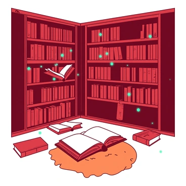 A red magical library filled with floating books suspended in mid-air. Various books are arranged in an enchanting manner, some open with pages fluttering, while others hover in graceful arcs. Glowing lights in teal are scattered throughout the space, illuminating the shelves lined with ancient tomes. The walls are adorned with intricate designs, and a plush orange rug lies in the center, enhancing the cozy atmosphere. The scene is full of whimsical charm, inviting viewers into this enchanted literary haven.