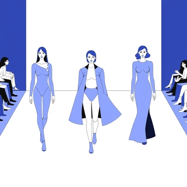 Models are walking down a runway, each showcasing futuristic fashion designs. The garments are constructed from high-tech materials that have sleek, shiny surfaces. One model is wearing a form-fitting outfit with geometric patterns, while another is dressed in an oversized coat with built-in LED lights. A third model features a dress that flows with kinetic movement, reflecting the light as it moves. The backdrop of the runway is minimalist, emphasizing the cutting-edge designs on display. The audience is seated on either side, focused on the striking creations as they pass by.