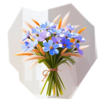 A hand-tied bouquet featuring vibrant blue cornflowers mixed with various wild grasses. The bouquet is arranged with the cornflowers prominently displayed, their delicate petals contrasting against the earthy tones of the grasses. The stems are gathered together at the base and secured with a natural twine, showcasing the rustic charm of the arrangement. The background is softly blurred, allowing the intricate details of the flowers and grasses to stand out. The light gently highlights the textures of the petals and leaves, enhancing the overall visual appeal.