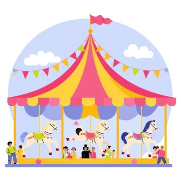 A grand circus tent with colorful stripes is set against a bright blue sky. Inside, several carousel horses are elegantly prancing on their bases, each decorated with vibrant colors and sparkling embellishments. The horses are adorned with flowing manes and tails, with some wearing ornate saddles and bridles. Bright lights illuminate the scene, and a festive atmosphere is created by the cheerful audience watching with excitement. Above, decorative banners and colorful balloons add to the lively ambiance of the circus.