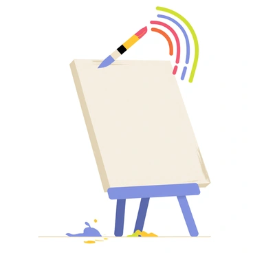 A paintbrush with a colorful array of rainbow paint drips is poised above a blank canvas. The brush creates vibrant arcs in the air, blending hues of red, orange, yellow, green, blue, and purple. The canvas is set on an easel, showcasing a pure white surface ready to be transformed. Paint splatters are scattered around the base of the easel, adding to the artistic atmosphere. The scene captures the energy of creativity and the joy of painting.