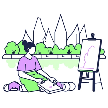 An artist is sitting on the water's edge, sketching the "Esplanade Theatres by the Bay." The artist has a sketchbook open on their lap, holding a pencil in their right hand. The scene captures the distinctive spiky rooftops of the theatres, rising prominently against the skyline. In the background, there are trees and plants along the waterfront, adding an element of nature to the urban setting. The surface of the water reflects the outlines of the buildings, creating a symmetrical effect. The artist's easel is set up beside them, supporting an unfinished drawing that resembles the architecture.