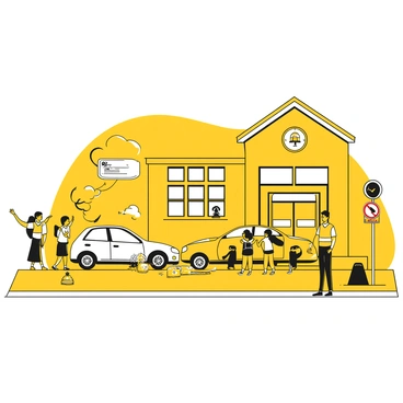 A scene depicting a minor car accident in front of a school. Two cars are slightly crumpled, one with a dented front bumper and the other with a damaged rear. Children are gathered on the sidewalk, wearing backpacks, some pointing towards the accident. "Crossing" signs are prominently placed near the curb, indicating a school zone. The school building is visible in the background, featuring large windows and a school bell tower. A crossing guard stands nearby, wearing a bright yellow vest and directing traffic.